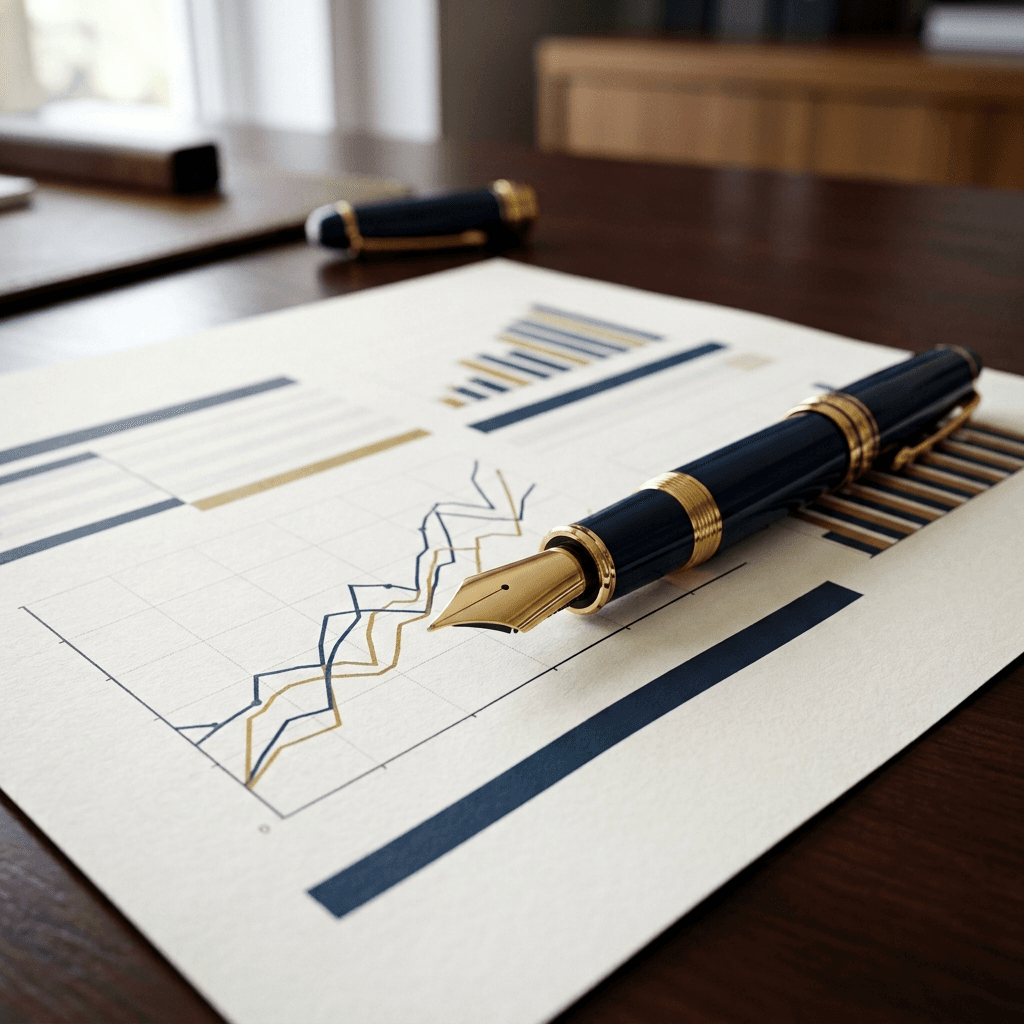 Financial review documents and a fountain pen